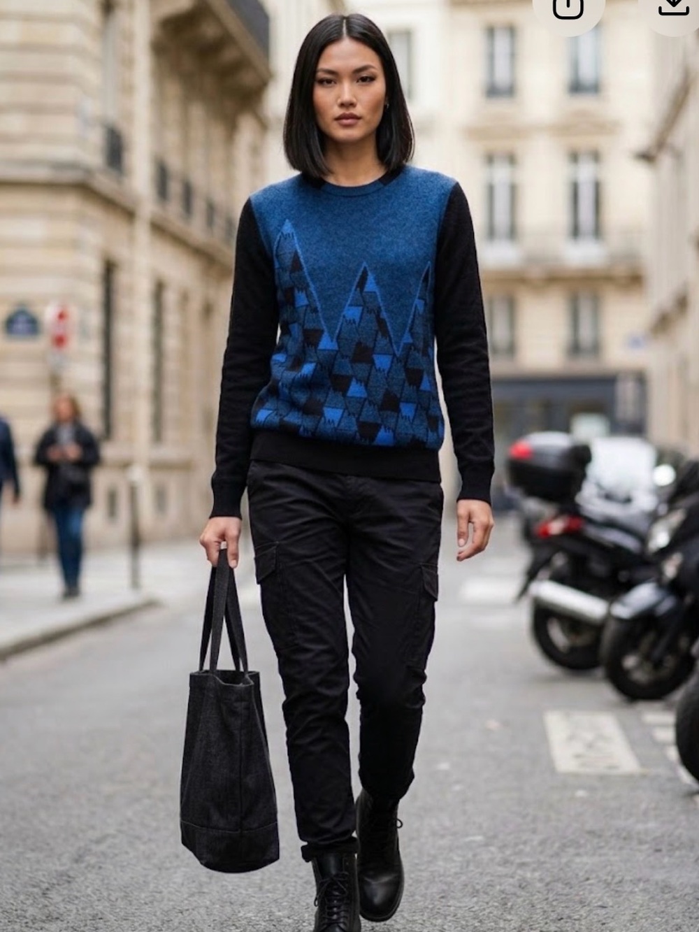 KENZO Paris 100% Cashmere Mountain Graphic Intarsia Knit Sweater Blue Black Sz S